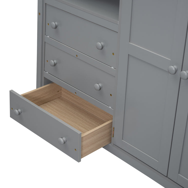 Wood Full Size Loft Bed With Built In Wardrobe, Desk, Storage Shelves And Drawers, Gray
