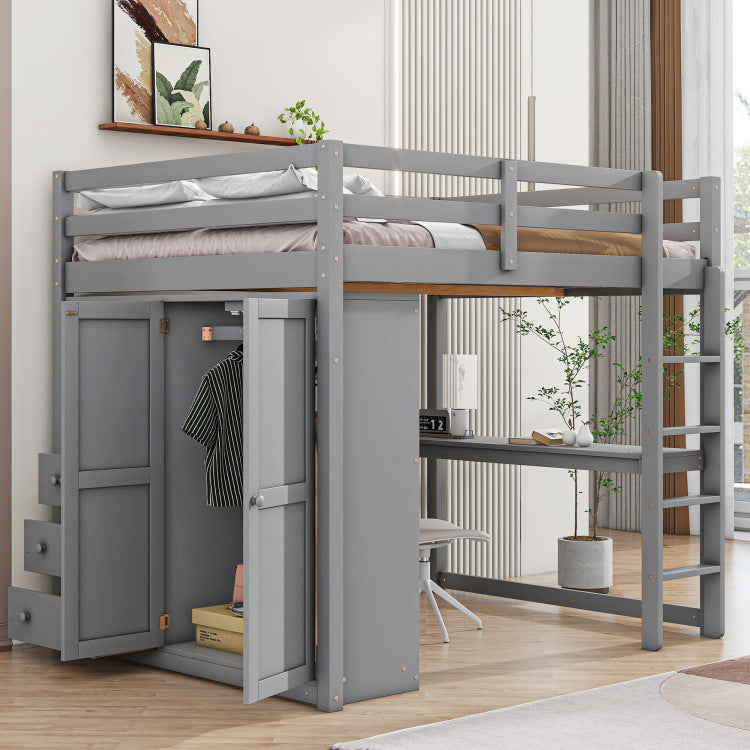 Wood Full Size Loft Bed With Built In Wardrobe, Desk, Storage Shelves And Drawers, Gray