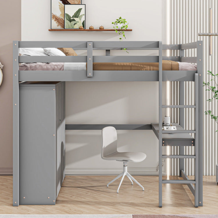 Wood Full Size Loft Bed With Built In Wardrobe, Desk, Storage Shelves And Drawers, Gray
