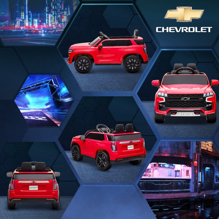 Aosom Chevrolet Tahoe Licensed Kids Ride On Car, 12V Battery Powered Kids Electric Car With Remote Control, Music, Lights, Horn, Suspension For 3 6 Years Old, Red