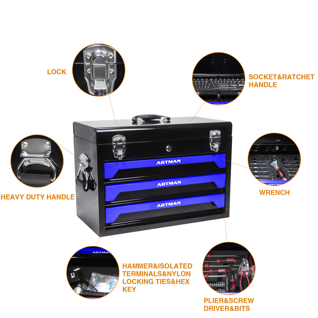 20'' Portable 3 Drawer Steel Toolbox, 4 Layers Of Tools With Metal Latches, With Top Storage Tray And Carrying Handle, Multi Function Tool Storage For Garage, Home, Or Workbench ,Black&Blue