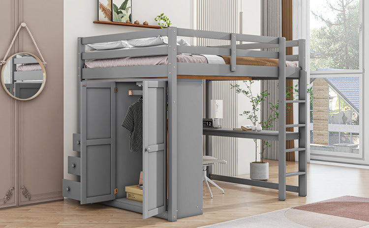 Wood Full Size Loft Bed With Built In Wardrobe, Desk, Storage Shelves And Drawers, Gray
