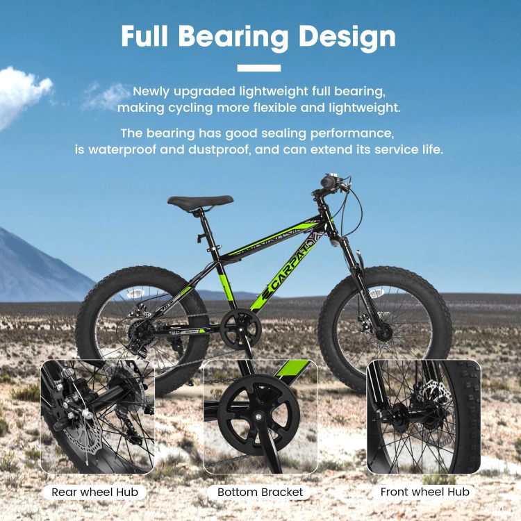 S20109 20 Inch Mountain Bike For Kids And Teenagers, High Carbon Steel Frame, Disc Brakes, Durable Wide Tires, Front Suspension, 7 Speed, Ideal For Snow And Off Road Riding