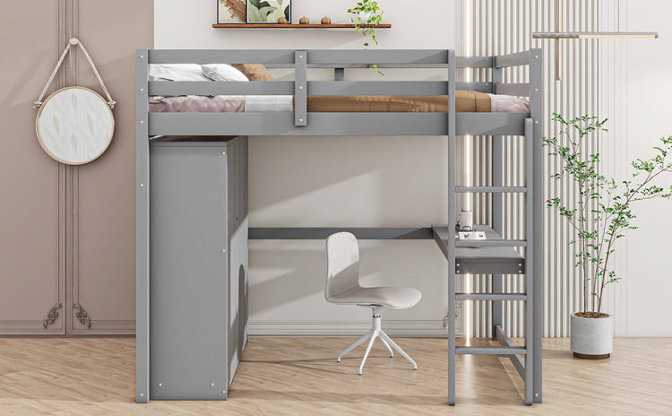 Wood Full Size Loft Bed With Built In Wardrobe, Desk, Storage Shelves And Drawers, Gray