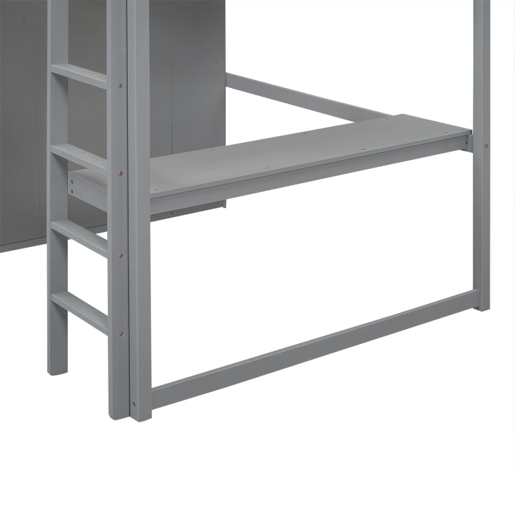Wood Full Size Loft Bed With Built In Wardrobe, Desk, Storage Shelves And Drawers, Gray