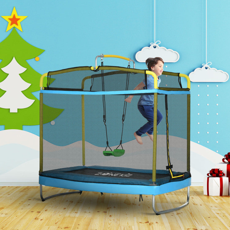 Qaba 3 In 1 Trampoline For Kids, 6.9' Kids Trampoline With Enclosure, Swing, Gymnastics Bar, Toddler Trampoline For Outdoor Indoor Use, Light Blue