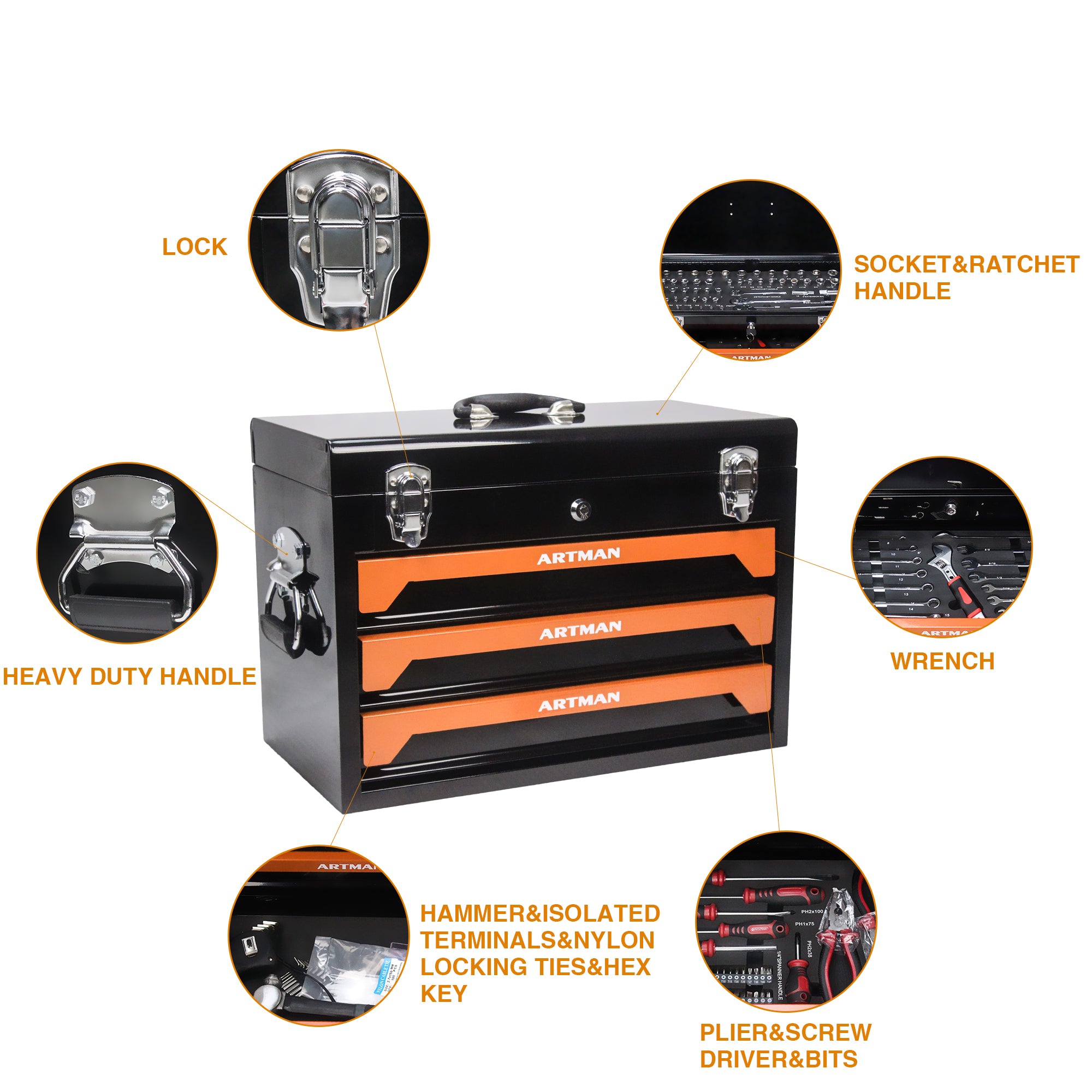 20'' Portable 3 Drawer Steel Toolbox, 4 Layers Of Tools With Metal Latches, With Top Storage Tray And Carrying Handle, Multi Function Tool Storage For Garage, Home, Or Workbench ,Black&Orange