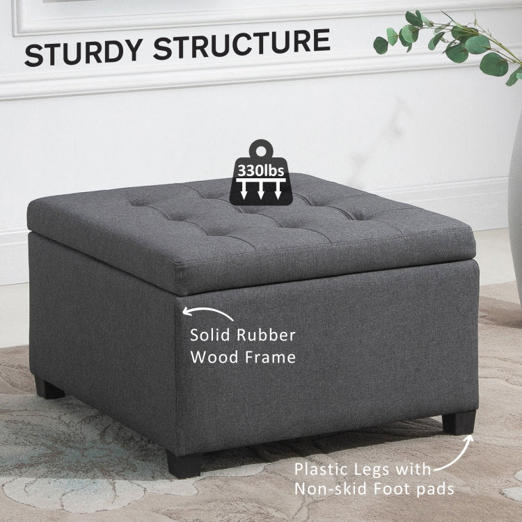 Homcom Fabric Tufted Storage Ottoman With Flip Top Seat Lid, Metal Hinge And Stable Eucalyptus Wood Frame For Living Room, Entryway, Or Bedroom, Grey
