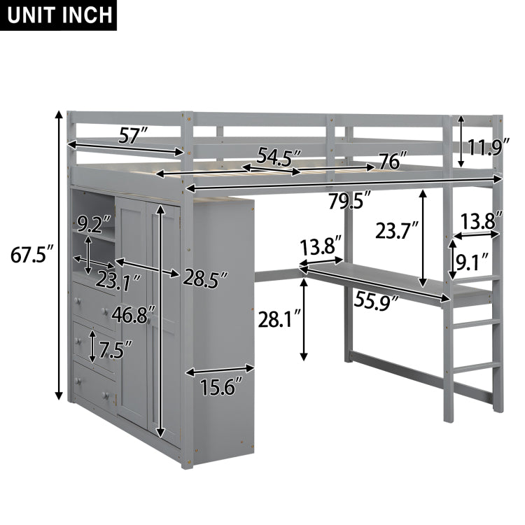 Wood Full Size Loft Bed With Built In Wardrobe, Desk, Storage Shelves And Drawers, Gray