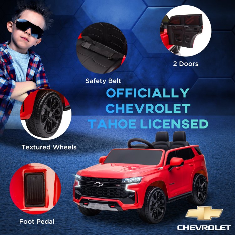 Aosom Chevrolet Tahoe Licensed Kids Ride On Car, 12V Battery Powered Kids Electric Car With Remote Control, Music, Lights, Horn, Suspension For 3 6 Years Old, Red