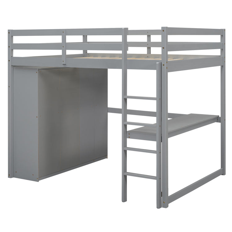 Wood Full Size Loft Bed With Built In Wardrobe, Desk, Storage Shelves And Drawers, Gray