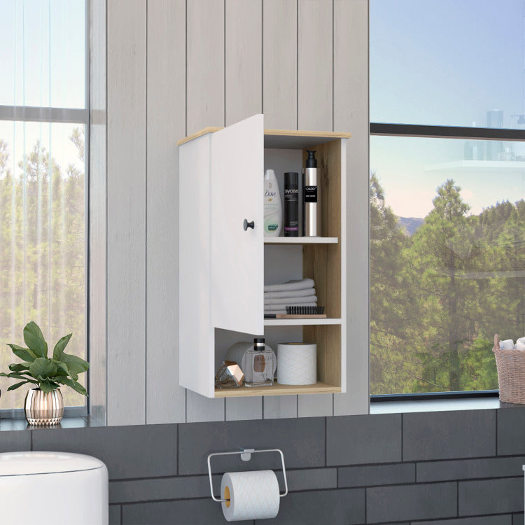 Medicine Single Door Cabinet 28" H, One Shelf, Two Interior Shelves, Light Oak White