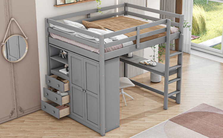 Wood Full Size Loft Bed With Built In Wardrobe, Desk, Storage Shelves And Drawers, Gray