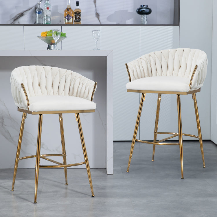 26'' Counter Height Bar Stools Velvet Kitchen Island Counter Bar Stool With Hand Wave Back,Golden Chromed Base And Footrest Beige