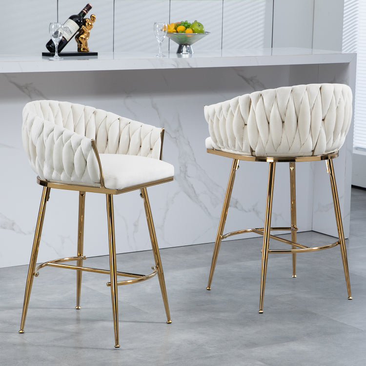 26'' Counter Height Bar Stools Velvet Kitchen Island Counter Bar Stool With Hand Wave Back,Golden Chromed Base And Footrest Beige