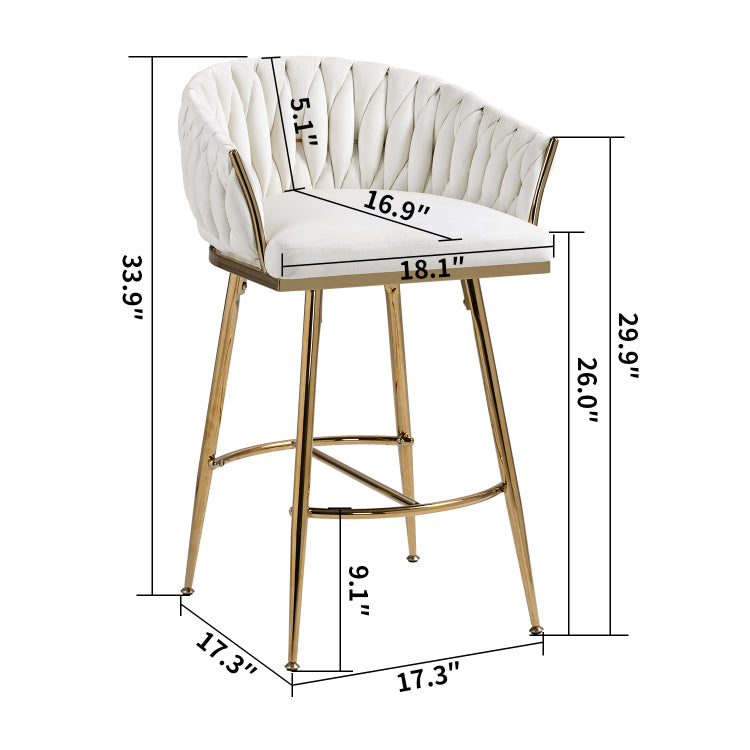 26'' Counter Height Bar Stools Velvet Kitchen Island Counter Bar Stool With Hand Wave Back,Golden Chromed Base And Footrest Beige