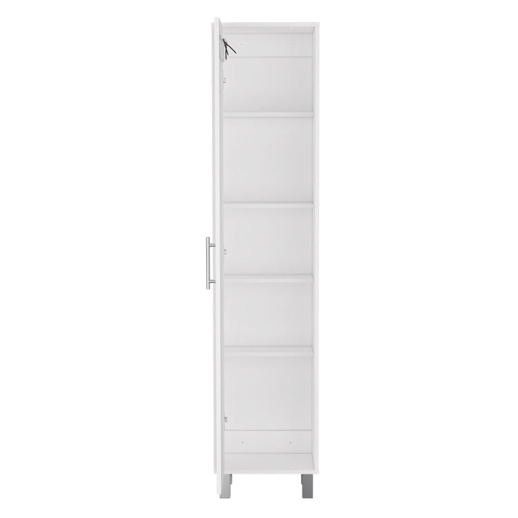 Storage Cabinet 71" H, Five Internal Shelves, Three Broom Hangers, White