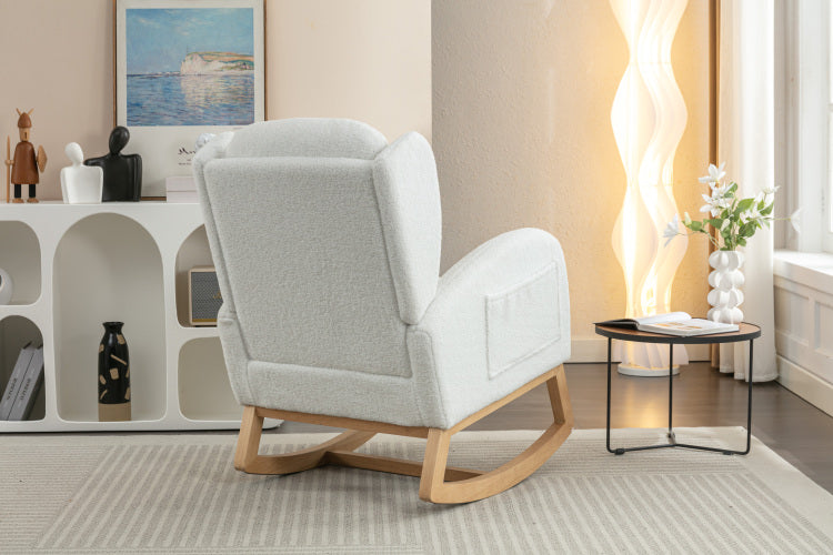 049 Teddy Fabric Rocking Chair With Packet Wood Legs,Ivory