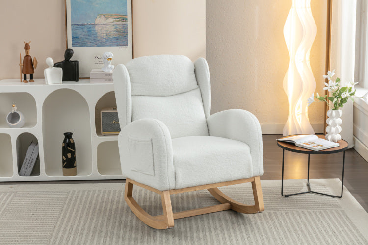 049 Teddy Fabric Rocking Chair With Packet Wood Legs,Ivory