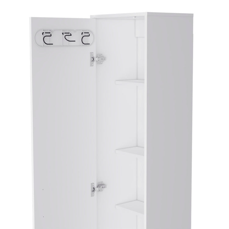 Storage Cabinet 71" H, Five Internal Shelves, Three Broom Hangers, White
