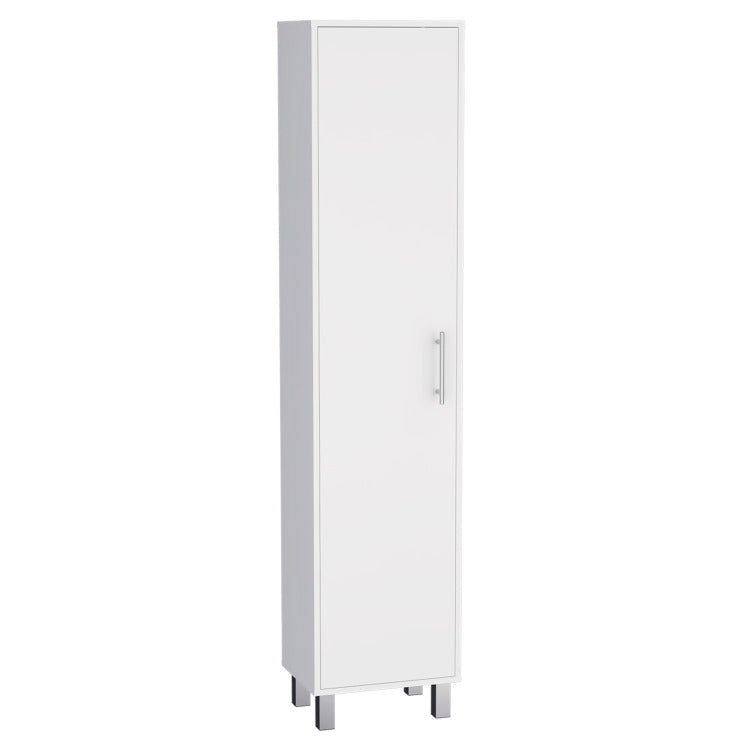 Storage Cabinet 71" H, Five Internal Shelves, Three Broom Hangers, White