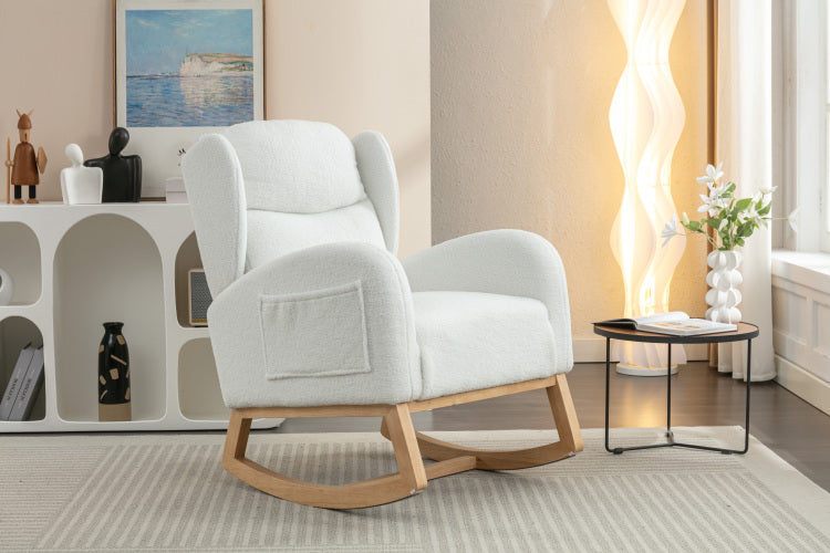 049 Teddy Fabric Rocking Chair With Packet Wood Legs,Ivory