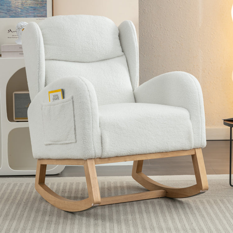 049 Teddy Fabric Rocking Chair With Packet Wood Legs,Ivory