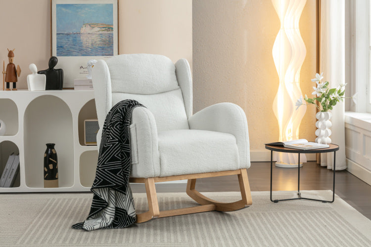 049 Teddy Fabric Rocking Chair With Packet Wood Legs,Ivory