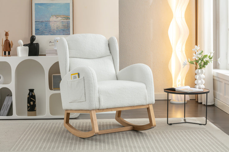 049 Teddy Fabric Rocking Chair With Packet Wood Legs,Ivory