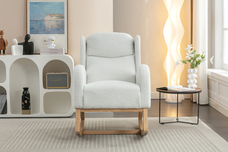 049 Teddy Fabric Rocking Chair With Packet Wood Legs,Ivory
