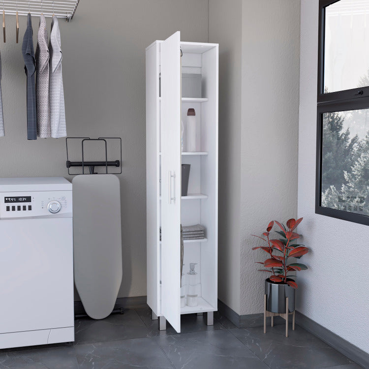 Storage Cabinet 71" H, Five Internal Shelves, Three Broom Hangers, White