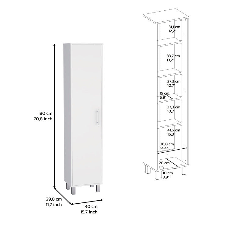 Storage Cabinet 71" H, Five Internal Shelves, Three Broom Hangers, White