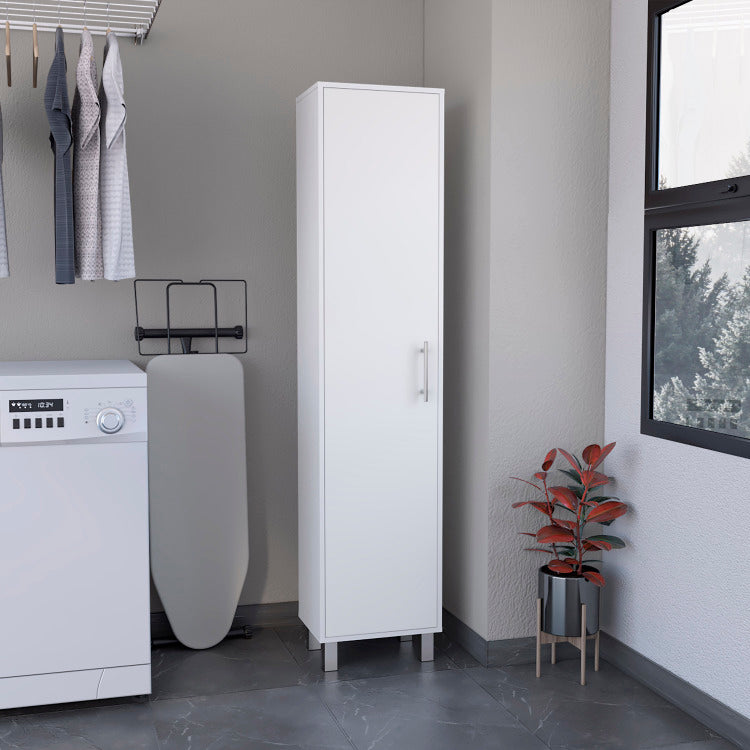 Storage Cabinet 71" H, Five Internal Shelves, Three Broom Hangers, White