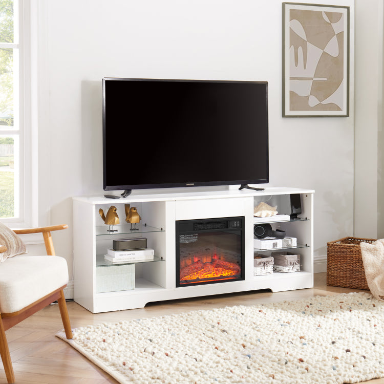 Tv Stand Electric Fireplace Tv Stand With Glass Shelves, 3D Fireplace Tv Stand With Led Lights Wood With Usb Charging Outlet Modern Television Table Center For Tv Up To 32 62" White