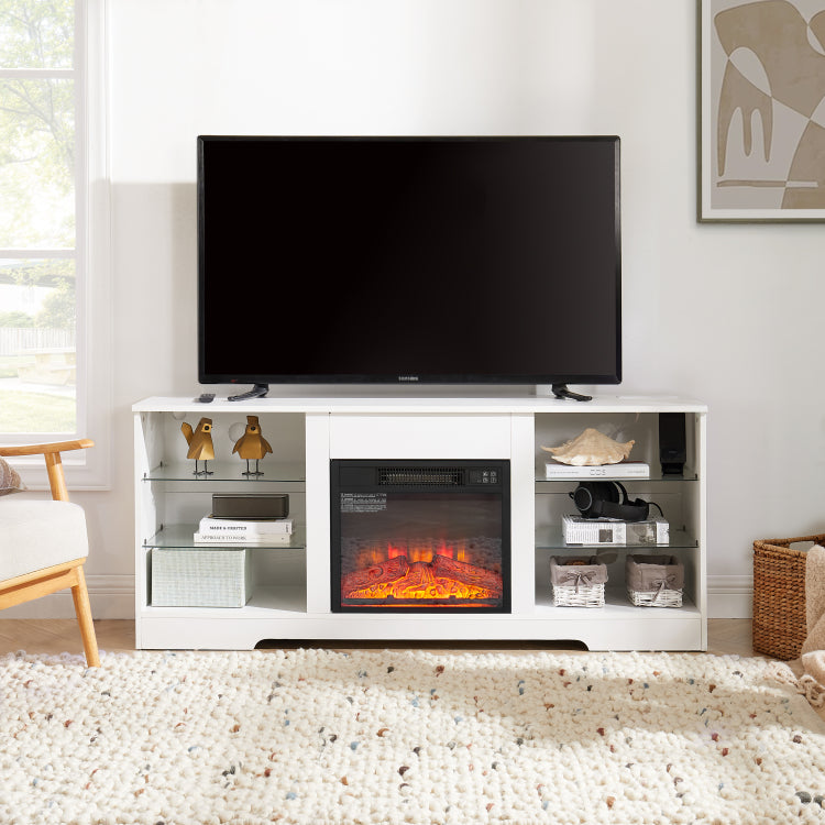 Tv Stand Electric Fireplace Tv Stand With Glass Shelves, 3D Fireplace Tv Stand With Led Lights Wood With Usb Charging Outlet Modern Television Table Center For Tv Up To 32 62" White