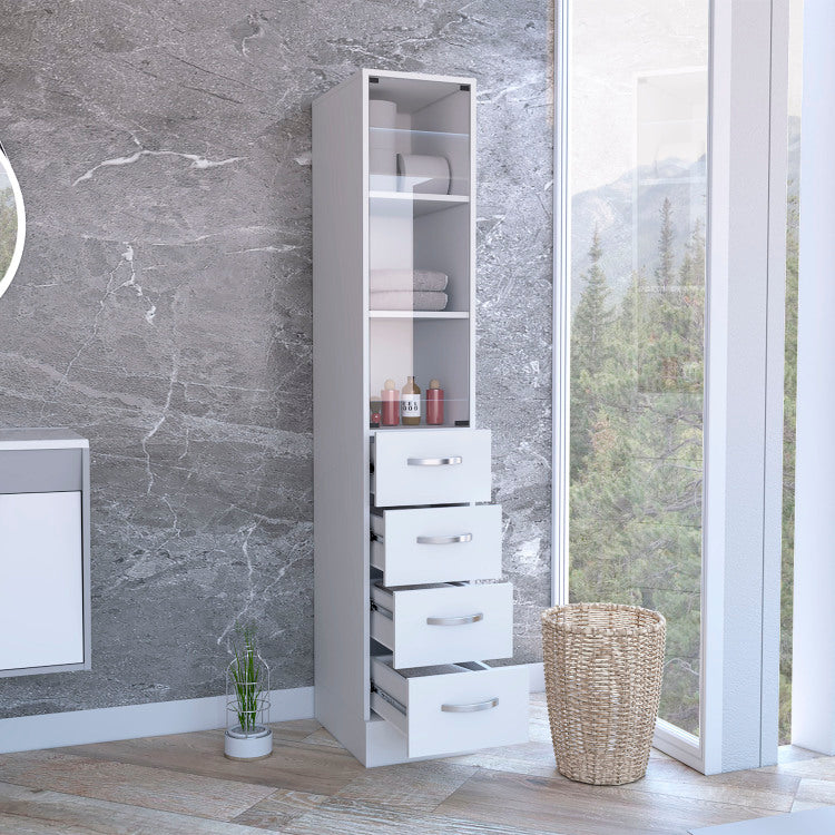 Linen Cabinet 68" H, Three Shelves, Four Drawers And Metal Handles, White