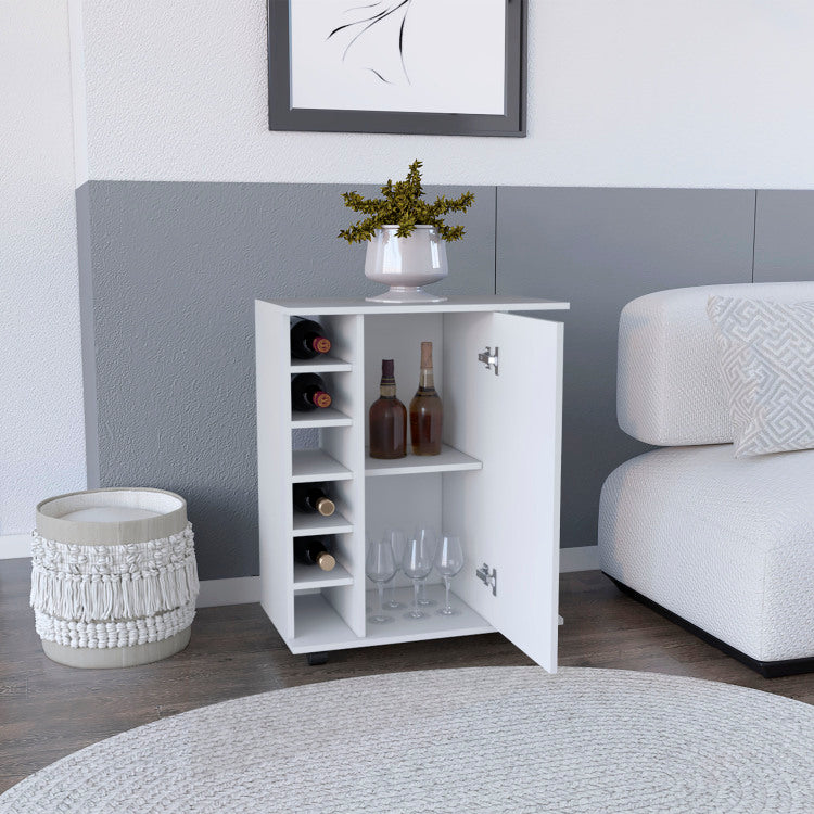 White 4 Wheel Bar Cart Cabinet For Kitchen Or Living Room, With 6 Side Built In Bottle Racks, 1 Interior Shelve, 2 Side Shelves, 2 Space With Wood Door To Store Glasses, Cups, Coffee Or Snacks