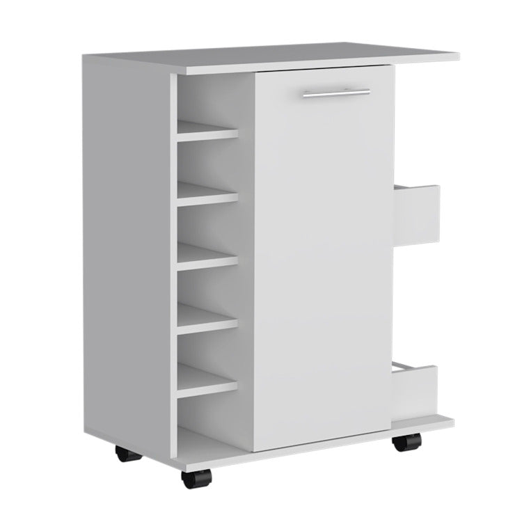 White 4 Wheel Bar Cart Cabinet For Kitchen Or Living Room, With 6 Side Built In Bottle Racks, 1 Interior Shelve, 2 Side Shelves, 2 Space With Wood Door To Store Glasses, Cups, Coffee Or Snacks