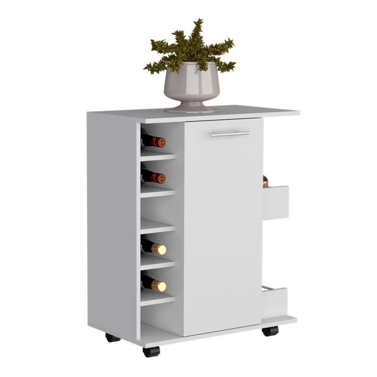White 4 Wheel Bar Cart Cabinet For Kitchen Or Living Room, With 6 Side Built In Bottle Racks, 1 Interior Shelve, 2 Side Shelves, 2 Space With Wood Door To Store Glasses, Cups, Coffee Or Snacks