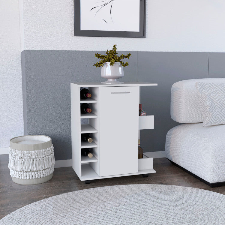 White 4 Wheel Bar Cart Cabinet For Kitchen Or Living Room, With 6 Side Built In Bottle Racks, 1 Interior Shelve, 2 Side Shelves, 2 Space With Wood Door To Store Glasses, Cups, Coffee Or Snacks
