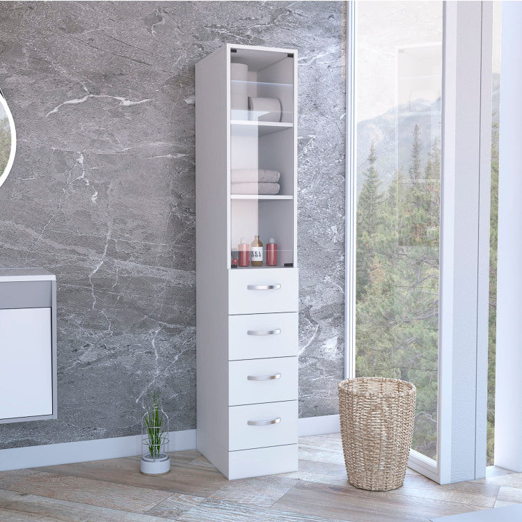 Linen Cabinet 68" H, Three Shelves, Four Drawers And Metal Handles, White