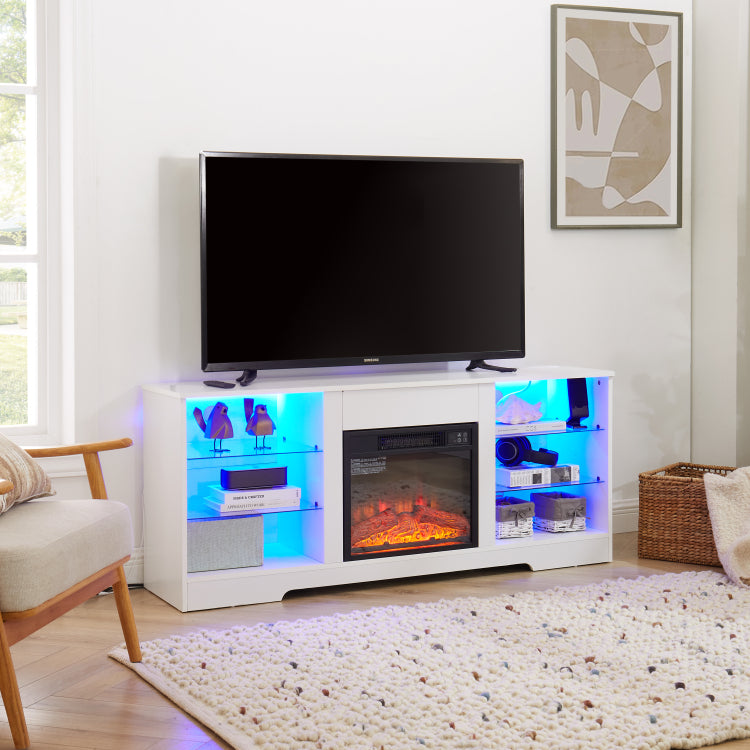 Tv Stand Electric Fireplace Tv Stand With Glass Shelves, 3D Fireplace Tv Stand With Led Lights Wood With Usb Charging Outlet Modern Television Table Center For Tv Up To 32 62" White