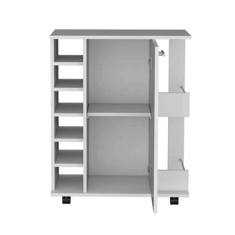 White 4 Wheel Bar Cart Cabinet For Kitchen Or Living Room, With 6 Side Built In Bottle Racks, 1 Interior Shelve, 2 Side Shelves, 2 Space With Wood Door To Store Glasses, Cups, Coffee Or Snacks