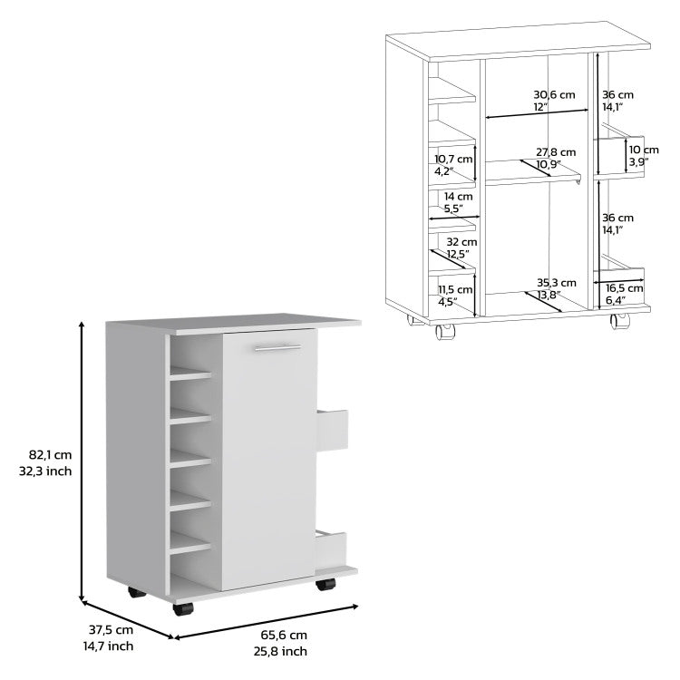 White 4 Wheel Bar Cart Cabinet For Kitchen Or Living Room, With 6 Side Built In Bottle Racks, 1 Interior Shelve, 2 Side Shelves, 2 Space With Wood Door To Store Glasses, Cups, Coffee Or Snacks
