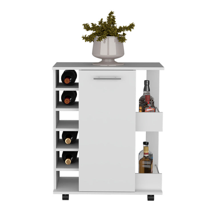 White 4 Wheel Bar Cart Cabinet For Kitchen Or Living Room, With 6 Side Built In Bottle Racks, 1 Interior Shelve, 2 Side Shelves, 2 Space With Wood Door To Store Glasses, Cups, Coffee Or Snacks