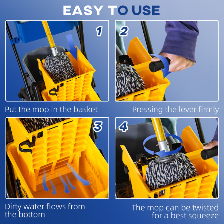 Homcom 6.9 Gallon Mop Water Bucket Wringer Cart With Easy To Use Side Press Wringer, Smooth Wheels, Mop Handle Holder