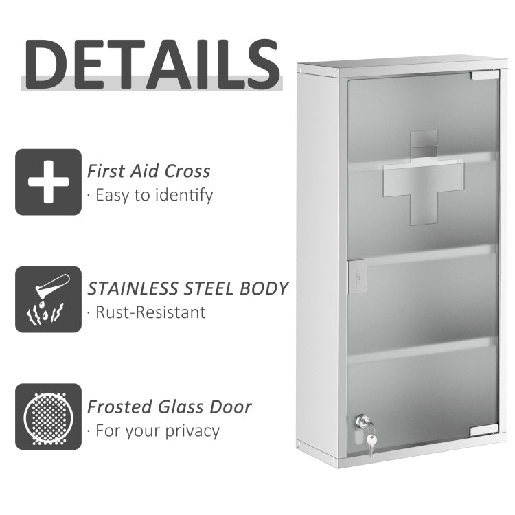 Kleankin Wall Mounted Medicine Cabinet, Locking Wall Cabinet With 4 Tier Shelves, Stainless Steel Frame And Glass Door, Lockable With 2 Keys, Silver, 12" X 24"