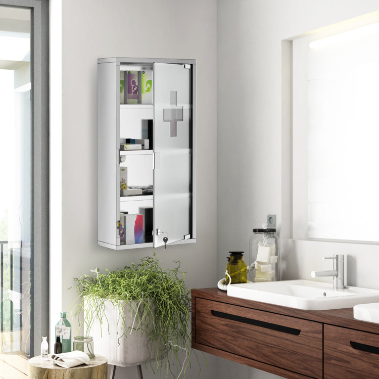 Kleankin Wall Mounted Medicine Cabinet, Locking Wall Cabinet With 4 Tier Shelves, Stainless Steel Frame And Glass Door, Lockable With 2 Keys, Silver, 12" X 24"