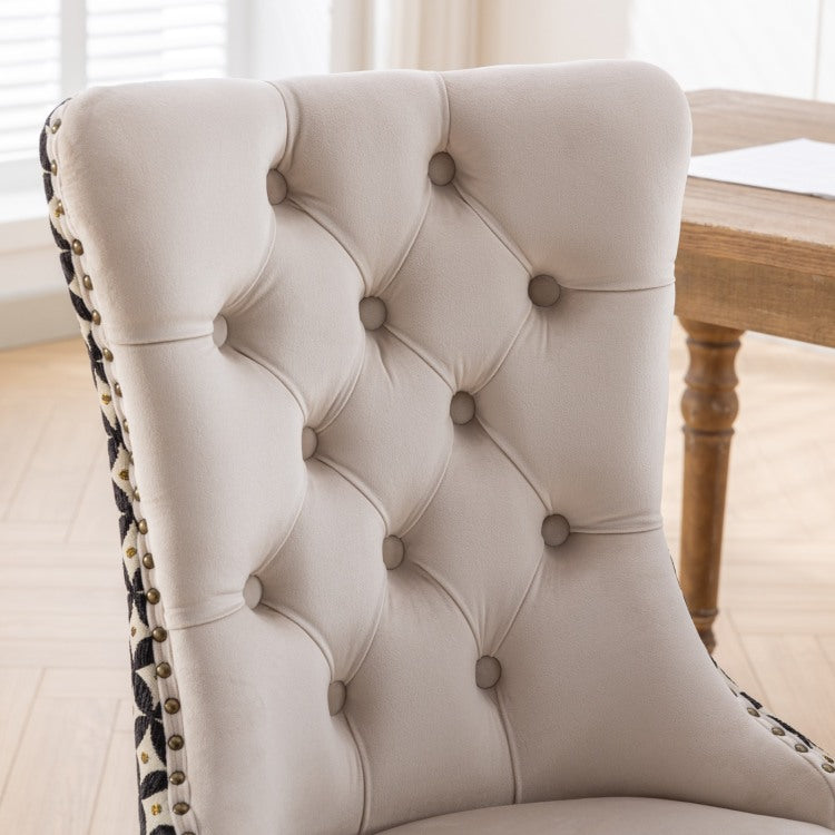 Classic Velvet Dining Chairs, High End Tufted Solid Wood Contemporary Velvet Upholstered Dining Chair With Wood Legs Nailhead, Set Of 2,Beige And Patterned,Sw2201Bg