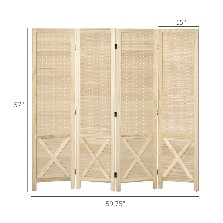 Homcom 4 Panel Pegboard Display Room Divider, 4.7' Tall Wood Indoor Portable Folding Privacy Screen, Partition Wall Divider For Home Office, Natural
